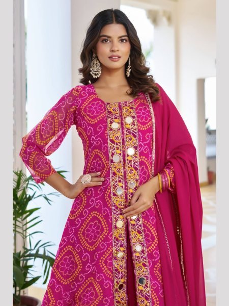 Lavish Pink Mirror & Thread Work Kurti with Plazzo and Dupatta for Wedding Wear  Ready To Wear Suit