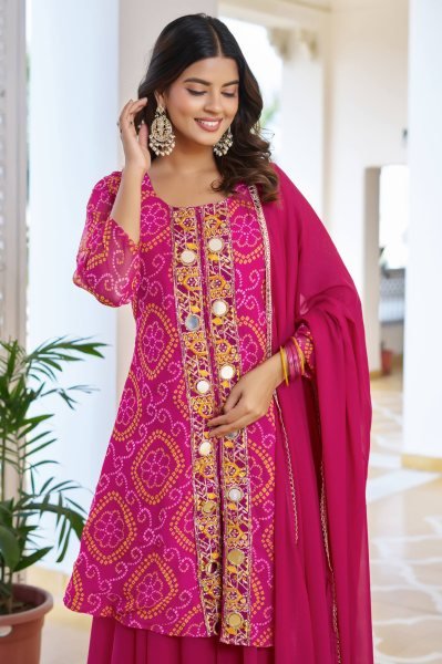 Lavish Pink Mirror & Thread Work Kurti with Plazzo and Dupatta for Wedding Wear  Ready To Wear Collection