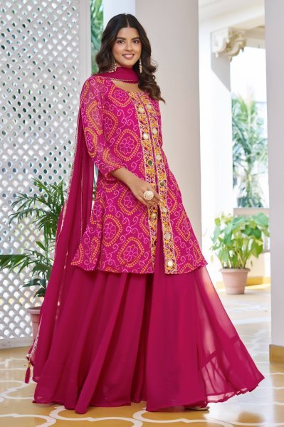 Lavish Pink Mirror & Thread Work Kurti with Plazzo and Dupatta for Wedding Wear  Ready To Wear Collection