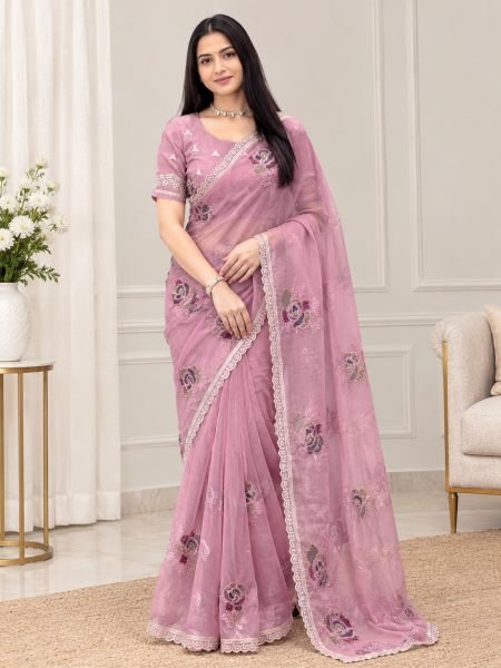 Lavish Pink Party Wear Melborne Simmer Silk Saree with Heavy Embroidery 