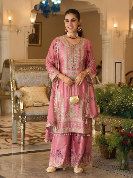 Lavish Pink Women s Heavy Chinon Three Piece Ethnic Suit For Party Wear 