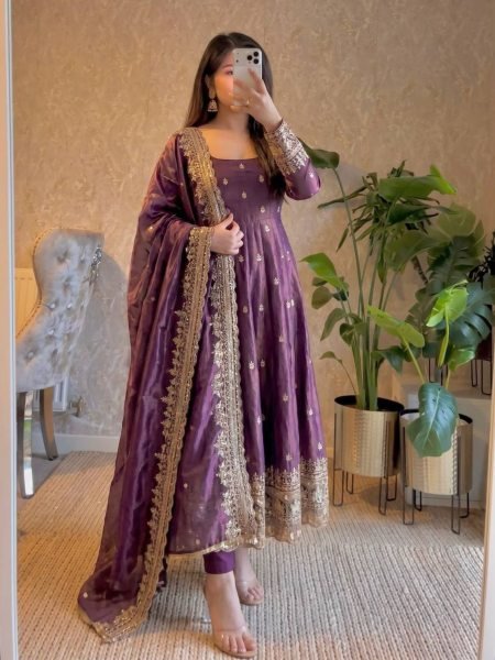Lavish Purple Party Wear Heavy Fandy Silk Gown Set with Elegant Sequins Design Ready To Wear Suit