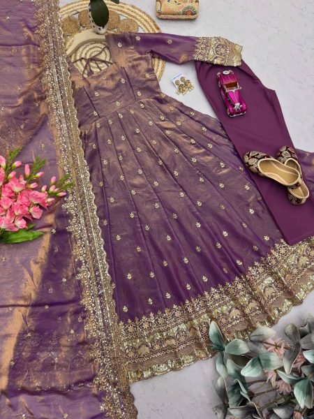 Lavish Purple Party Wear Heavy Fandy Silk Gown Set with Elegant Sequins Design Ready To Wear Collection