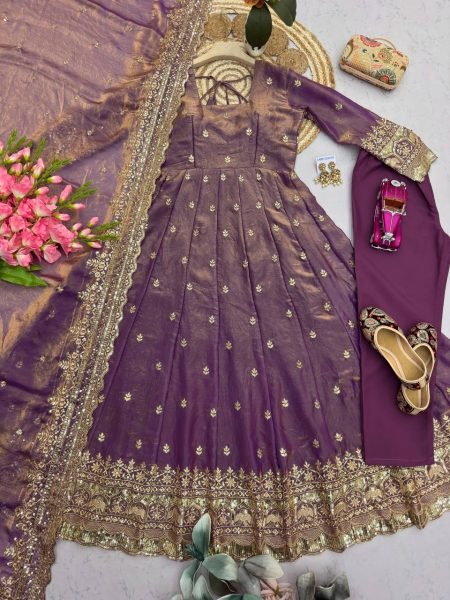 Lavish Purple Party Wear Heavy Fandy Silk Gown Set with Elegant Sequins Design Ready To Wear Collection
