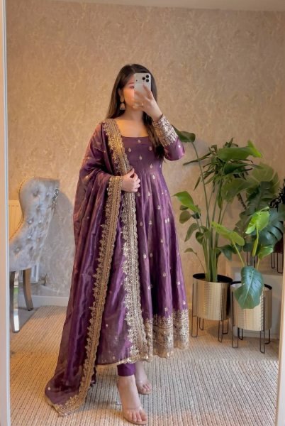 Lavish Purple Party Wear Heavy Fandy Silk Gown Set with Elegant Sequins Design Ready To Wear Collection