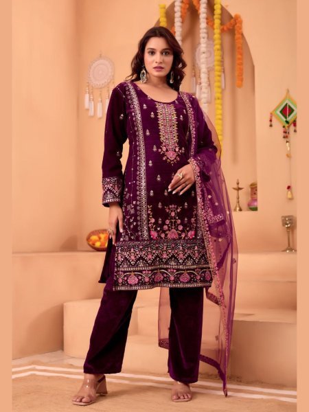 Lavish Purple Velvet Kurti with Matching Velvet Pant & Net Dupatta for wedding wear  Ready To Wear Suit