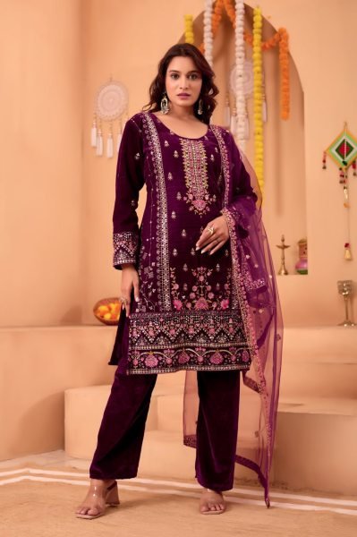 Lavish Purple Velvet Kurti with Matching Velvet Pant & Net Dupatta for wedding wear  Embroidery Kurtis 