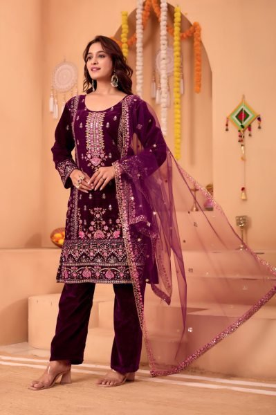 Lavish Purple Velvet Kurti with Matching Velvet Pant & Net Dupatta for wedding wear  Embroidery Kurtis 