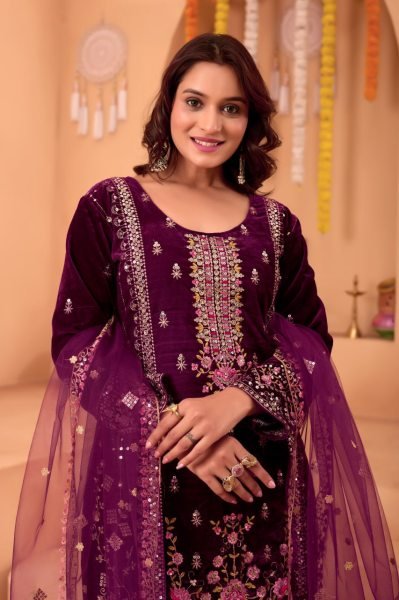 Lavish Purple Velvet Kurti with Matching Velvet Pant & Net Dupatta for wedding wear  Embroidery Kurtis 