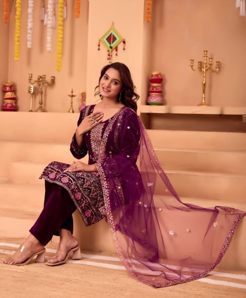 Lavish Purple Velvet Kurti with Matching Velvet Pant & Net Dupatta for wedding wear  Embroidery Kurtis 