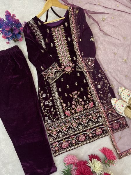 Lavish Purple Velvet Kurti with Matching Velvet Pant & Net Dupatta for wedding wear  Embroidery Kurtis 
