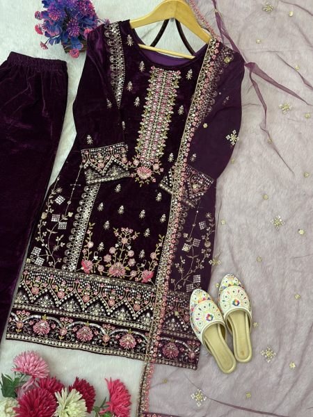 Lavish Purple Velvet Kurti with Matching Velvet Pant & Net Dupatta for wedding wear  Embroidery Kurtis 