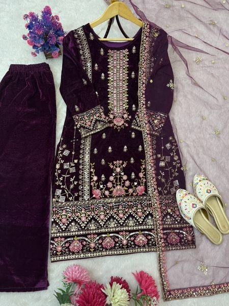 Lavish Purple Velvet Kurti with Matching Velvet Pant & Net Dupatta for wedding wear  Embroidery Kurtis 