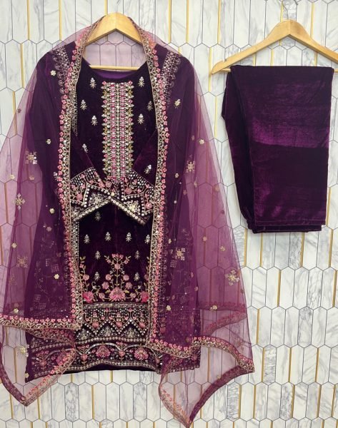 Lavish Purple Velvet Kurti with Matching Velvet Pant & Net Dupatta for wedding wear  Embroidery Kurtis 