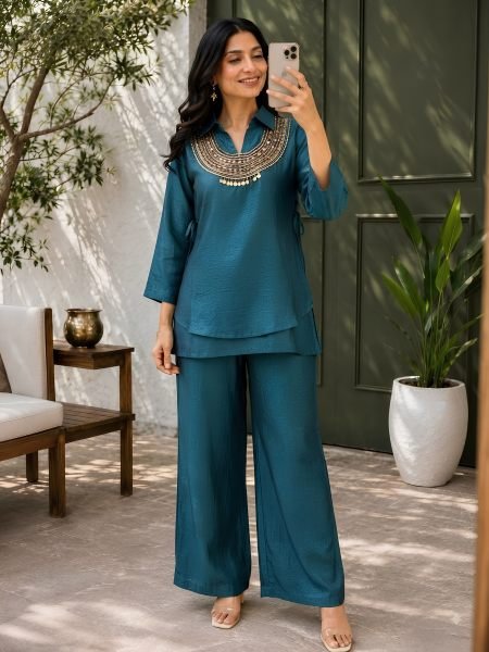 Lavish Rama Gold Crush Kurti Palazzo Co-Ord Set with Designer Sequins Koti Ready To Wear Suit