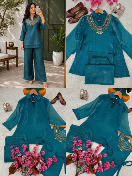 Lavish Rama Gold Crush Kurti Palazzo Co-Ord Set with Designer Sequins Koti Ready To Wear Collection