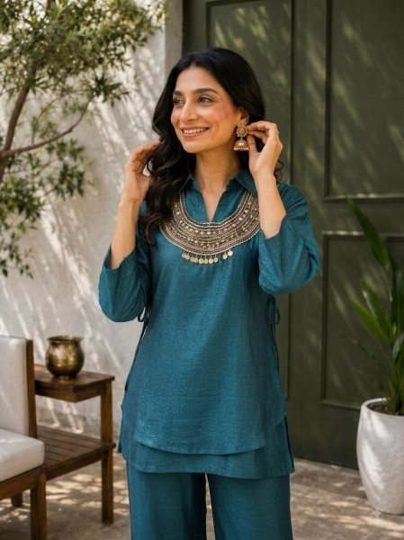 Lavish Rama Gold Crush Kurti Palazzo Co-Ord Set with Designer Sequins Koti Ready To Wear Collection