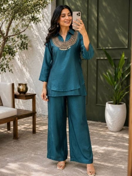 Lavish Rama Gold Crush Kurti Palazzo Co-Ord Set with Designer Sequins Koti Ready To Wear Collection