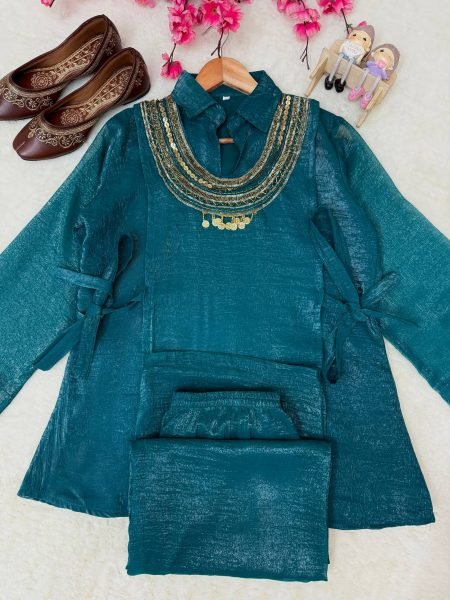 Lavish Rama Gold Crush Kurti Palazzo Co-Ord Set with Designer Sequins Koti Ready To Wear Collection