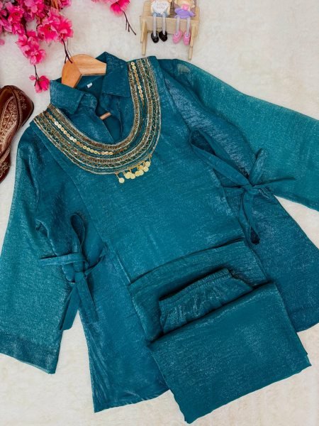 Lavish Rama Gold Crush Kurti Palazzo Co-Ord Set with Designer Sequins Koti Ready To Wear Collection