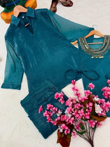 Lavish Rama Gold Crush Kurti Palazzo Co-Ord Set with Designer Sequins Koti Ready To Wear Collection