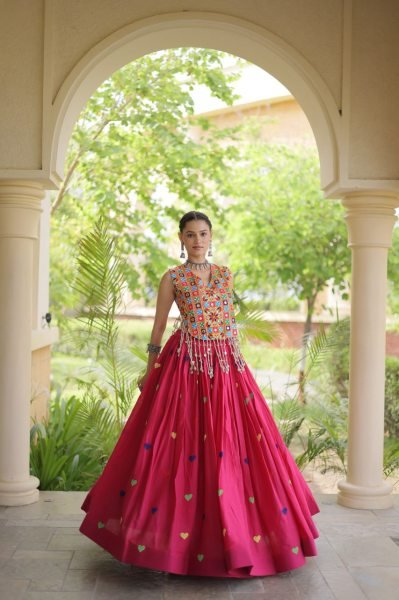 Lavish Rani Pink Designer Garba Wear Cora Cotton Lehenga Choli with 4.5 Meter Flare Navratri Lehnega Choli