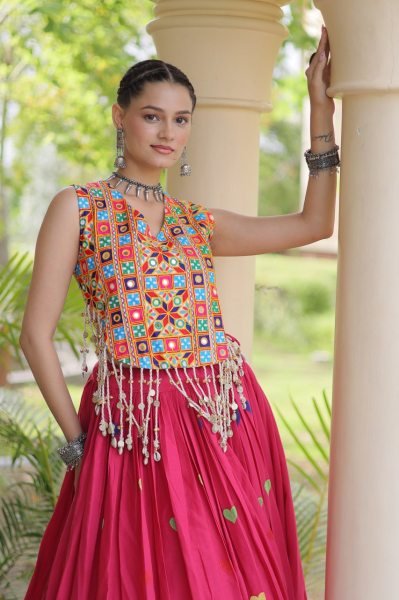 Lavish Rani Pink Designer Garba Wear Cora Cotton Lehenga Choli with 4.5 Meter Flare Navratri Lehnega Choli