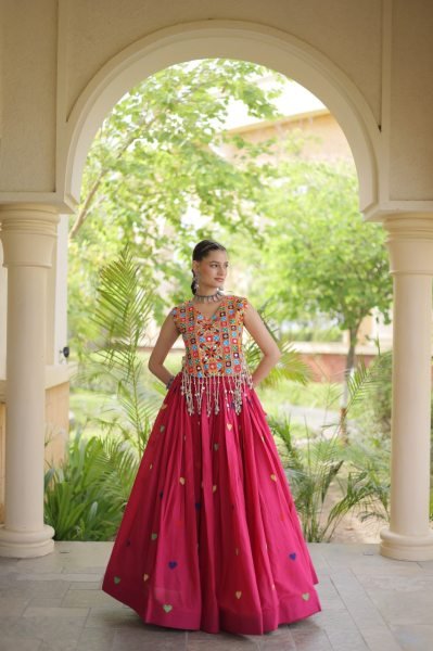 Lavish Rani Pink Designer Garba Wear Cora Cotton Lehenga Choli with 4.5 Meter Flare Navratri Lehnega Choli