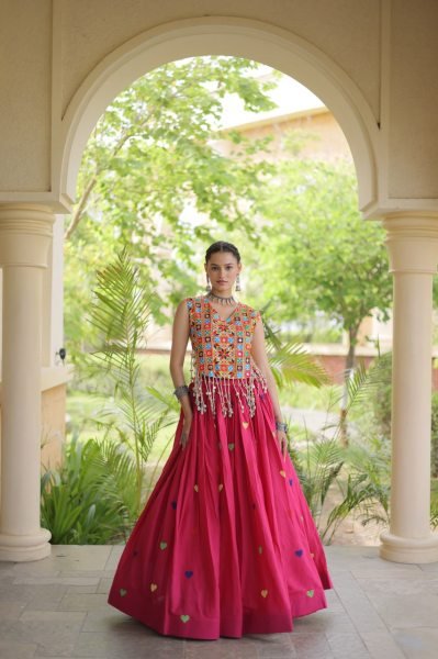 Lavish Rani Pink Designer Garba Wear Cora Cotton Lehenga Choli with 4.5 Meter Flare Navratri Lehnega Choli