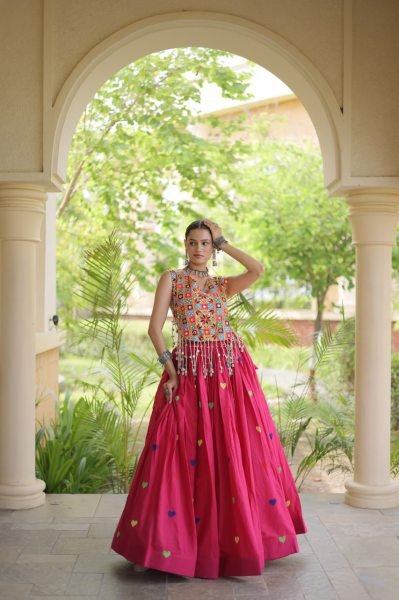 Lavish Rani Pink Designer Garba Wear Cora Cotton Lehenga Choli with 4.5 Meter Flare Navratri Lehnega Choli