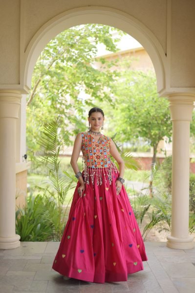 Lavish Rani Pink Designer Garba Wear Cora Cotton Lehenga Choli with 4.5 Meter Flare Navratri Lehnega Choli