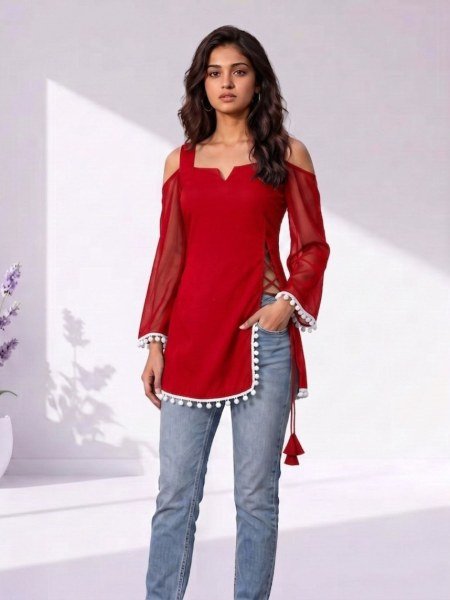 Lavish Red Boutique Style Georgette Short Kurti with Designer Pompom Lace Finish 