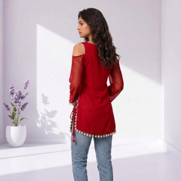 Lavish Red Boutique Style Georgette Short Kurti with Designer Pompom Lace Finish Full Set Kurti