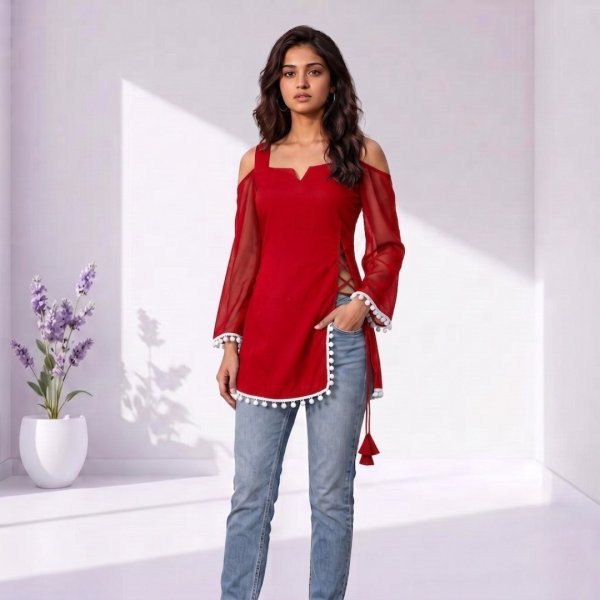 Lavish Red Boutique Style Georgette Short Kurti with Designer Pompom Lace Finish Full Set Kurti