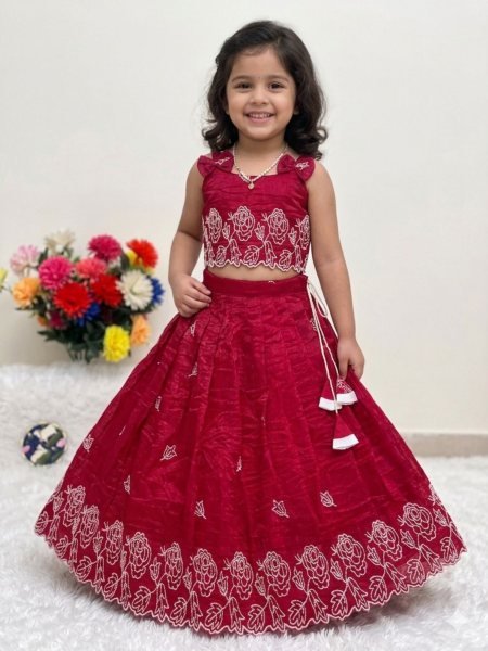 Lavish Red Kids Crush Silk Lehenga with Resham Embroidery for Wedding Wear Kurtis