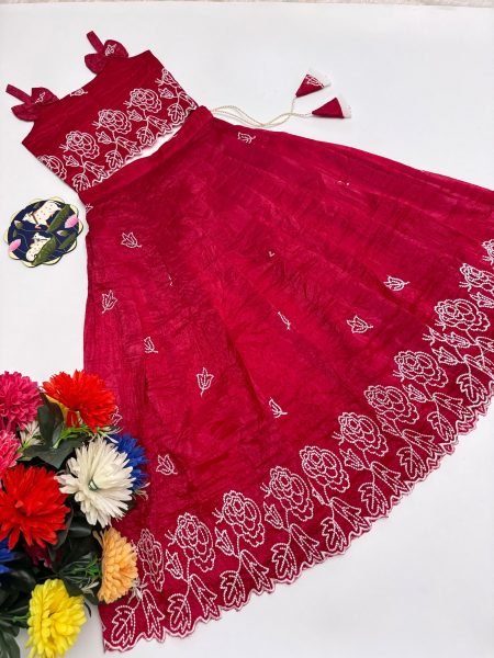 Lavish Red Kids Crush Silk Lehenga with Resham Embroidery for Wedding Wear Girls Wear