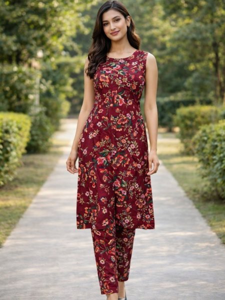 Lavish Red Printed Kurti with Pant Set for Casual Wear Women Kurtis