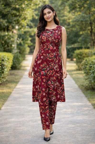 Lavish Red Printed Kurti with Pant Set for Casual Wear Women  Straight Cut Long Kurtis