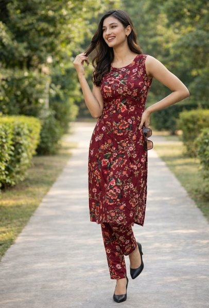 Lavish Red Printed Kurti with Pant Set for Casual Wear Women  Straight Cut Long Kurtis