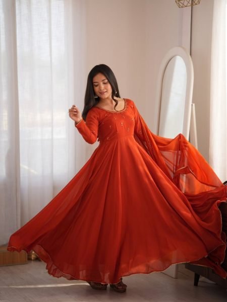 Lavish Rust Fully Stitched Georgette Gown with Heavy Butter Cotton Inner at Manufacturer  