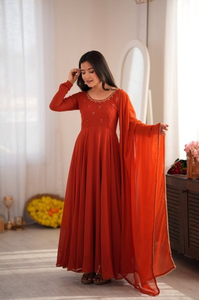 Lavish Rust Fully Stitched Georgette Gown with Heavy Butter Cotton Inner at Manufacturer  Ready To Wear Collection
