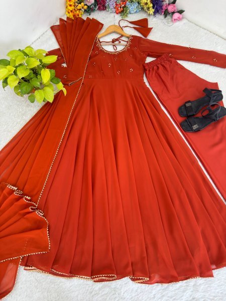 Lavish Rust Fully Stitched Georgette Gown with Heavy Butter Cotton Inner at Manufacturer  Ready To Wear Collection