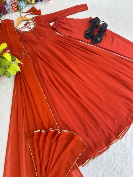 Lavish Rust Fully Stitched Georgette Gown with Heavy Butter Cotton Inner at Manufacturer  Ready To Wear Collection