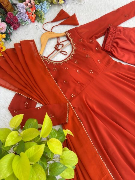 Lavish Rust Fully Stitched Georgette Gown with Heavy Butter Cotton Inner at Manufacturer  Ready To Wear Collection