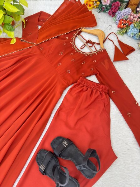 Lavish Rust Fully Stitched Georgette Gown with Heavy Butter Cotton Inner at Manufacturer  Ready To Wear Collection