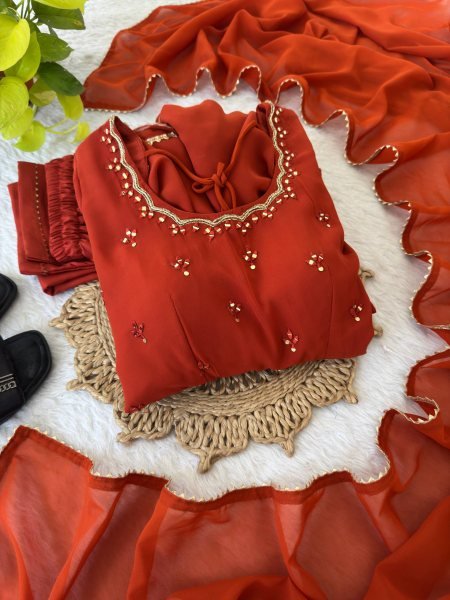 Lavish Rust Fully Stitched Georgette Gown with Heavy Butter Cotton Inner at Manufacturer  Ready To Wear Collection