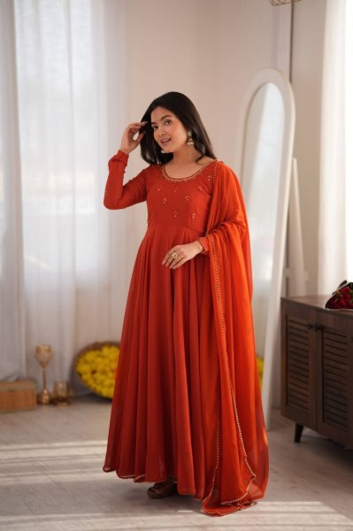 Lavish Rust Fully Stitched Georgette Gown with Heavy Butter Cotton Inner at Manufacturer  Ready To Wear Collection