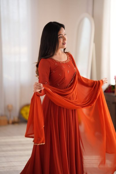 Lavish Rust Fully Stitched Georgette Gown with Heavy Butter Cotton Inner at Manufacturer  Ready To Wear Collection