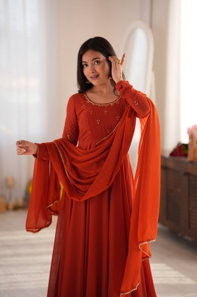 Lavish Rust Fully Stitched Georgette Gown with Heavy Butter Cotton Inner at Manufacturer  Ready To Wear Collection