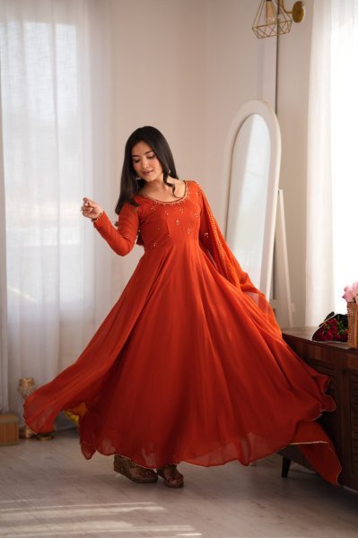 Lavish Rust Fully Stitched Georgette Gown with Heavy Butter Cotton Inner at Manufacturer  Ready To Wear Collection